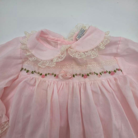Vintage Alexis Baby Girls Pink Floral Lace Trim Dress 9 Months Made in USA - Picture 2 of 5